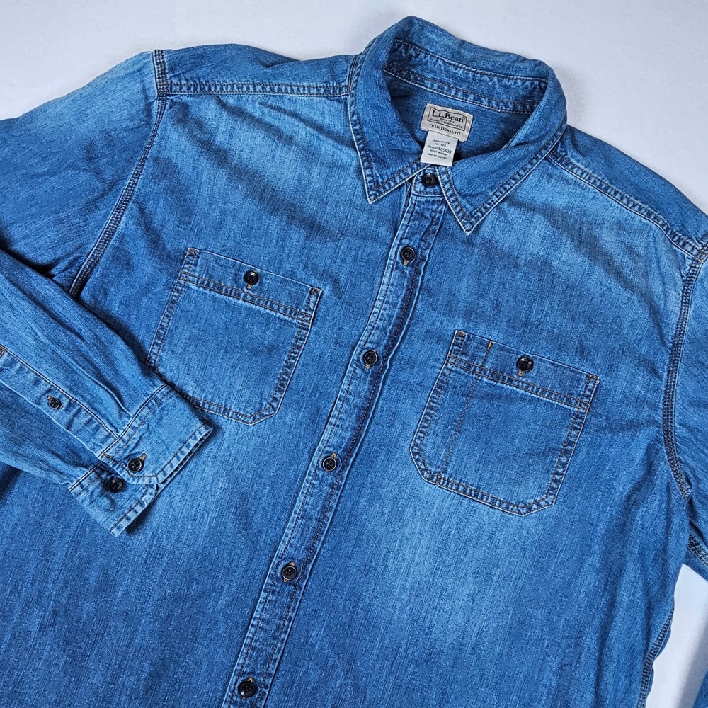 LL Bean Mens XL Denim Shirt Traditional Fit Blue Long Sleeve Cotton
